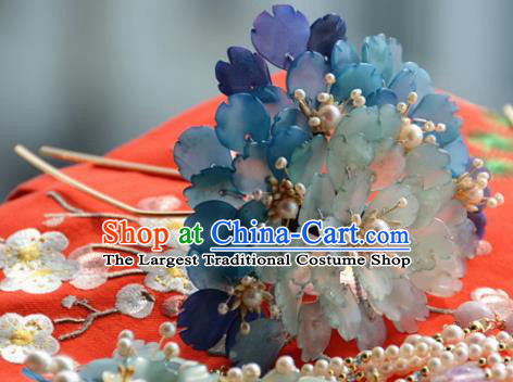 Traditional Chinese Hanfu Blue Peony Hair Clip Hair Accessories Ancient Princess Hairpins for Women