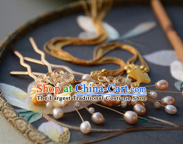 Traditional Chinese Hanfu Pearls Golden Hair Clip Hair Accessories Ancient Princess Hairpins for Women