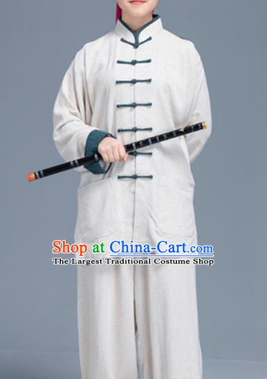 Asian Chinese Traditional Martial Arts White Linen Costume Tai Ji Kung Fu Training Uniform for Women