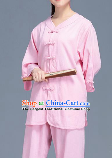 Asian Chinese Traditional Martial Arts Pink Linen Costume Tai Ji Kung Fu Training Uniform for Women