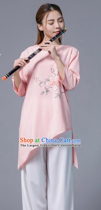 Asian Chinese Martial Arts Traditional Kung Fu Printing Peach Blossom Pink Costume Tai Ji Training Group Competition Uniform for Women
