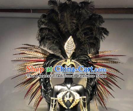 Top Grade Halloween Stage Performance Props Brazilian Carnival Black Feather Wings and Headwear for Women