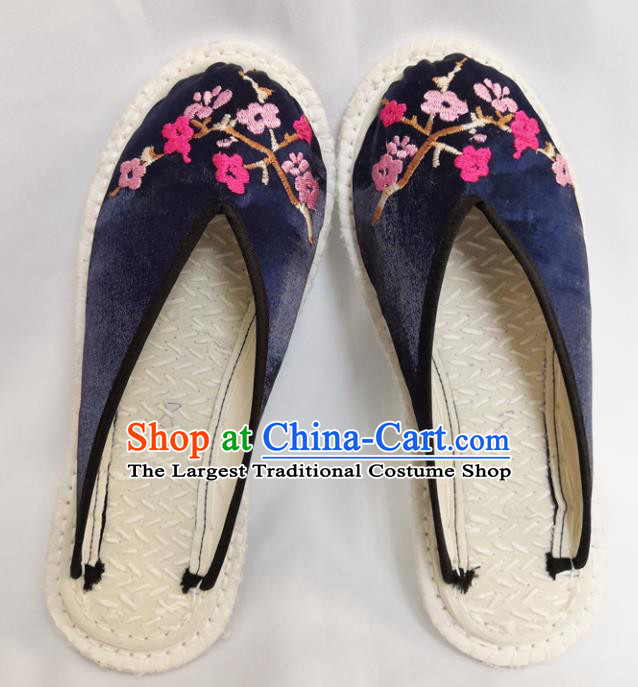 Chinese Ancient Princess Shoes Traditional Navy Satin Slippers Hanfu Shoes Embroidered Shoes for Women