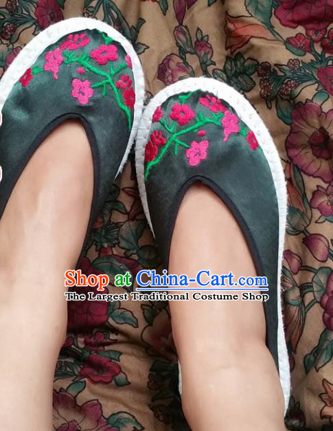 Chinese Ancient Princess Shoes Traditional Atrovirens Satin Slippers Hanfu Shoes Embroidered Shoes for Women