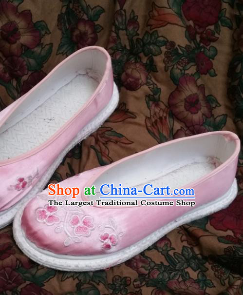 Chinese Ancient Princess Slippers Traditional Embroidered Pink Satin Shoes Hanfu Shoes for Women