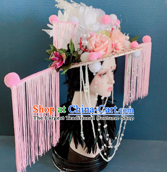 Chinese Handmade Pink Tassel Hat Hair Accessories Halloween Modern Fancywork Headwear for Women
