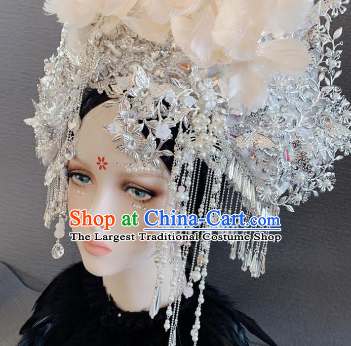 Chinese Handmade White Feather Phoenix Coronet Hair Accessories Halloween Modern Fancywork Headwear for Women