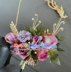 Chinese Traditional Wedding Palace Fans Ancient Bride Purple Roses Phoenix Round Fans for Women
