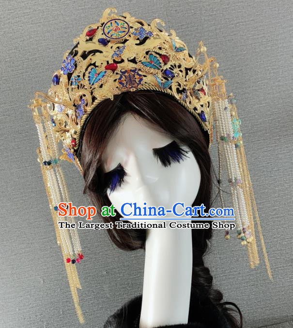 Traditional Chinese Ancient Palace Queen Cloisonne Butterfly Phoenix Coronet Headwear Qing Dynasty Manchu Hair Accessories for Women