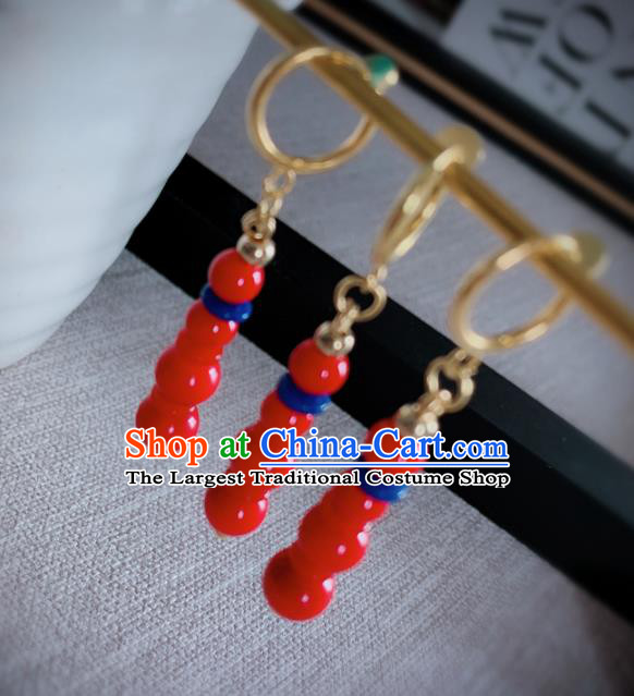 Chinese Traditional Ancient Qing Dynasty Manchu Lady Red Beads Earrings for Women