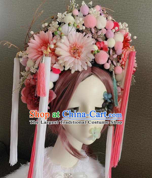 Handmade Chinese Ancient Queen Luxury Pink Flowers Hair Accessories Halloween Modern Fancywork Headwear for Women