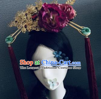 Traditional Chinese Ancient Qing Dynasty Palace Hair Accessories Queen Rosy Peony Headwear for Women