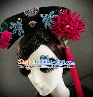 Traditional Chinese Ancient Palace Rosy Velvet Chrysanthemum Hair Accessories Qing Dynasty Queen Headwear for Women
