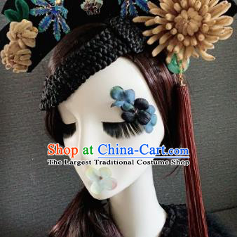 Traditional Chinese Ancient Palace Khaki Velvet Chrysanthemum Hair Accessories Qing Dynasty Queen Headwear for Women