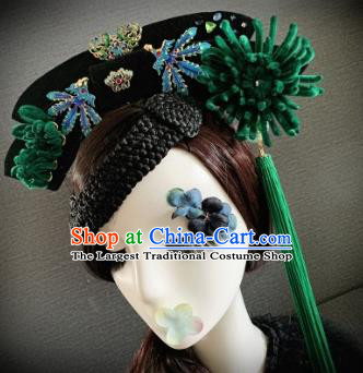 Traditional Chinese Ancient Palace Deep Green Velvet Chrysanthemum Hair Accessories Qing Dynasty Queen Headwear for Women