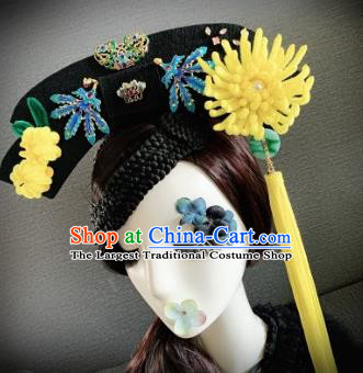 Traditional Chinese Ancient Palace Yellow Velvet Chrysanthemum Hair Accessories Qing Dynasty Queen Headwear for Women