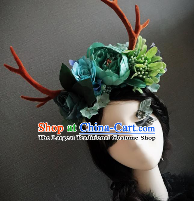 Top Grade Halloween Gothic Green Peony Branch Hair Accessories Brazilian Carnival Headwear for Women