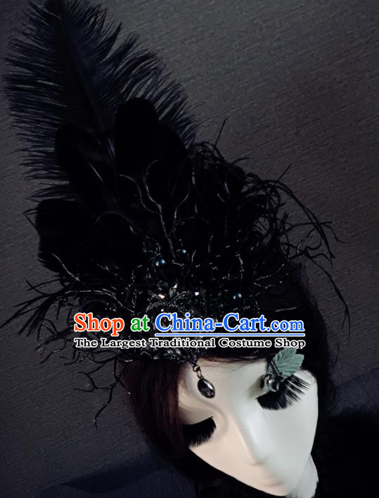 Top Grade Gothic Black Feather Hair Accessories Brazilian Carnival Halloween Headwear for Women