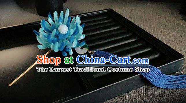 Traditional Chinese Ancient Qing Dynasty Palace Queen Blue Velvet Chrysanthemum Hairpins Headwear Hair Accessories for Women