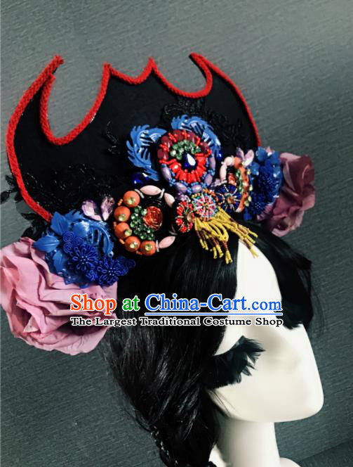 Handmade Chinese Ancient Luxury Black Hat Hair Accessories Halloween Queen Modern Fancywork Headwear for Women