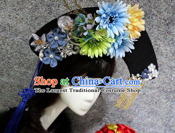 Chinese Ancient Palace Headwear Traditional Qing Dynasty Manchu Blue Flowers Hair Accessories for Women