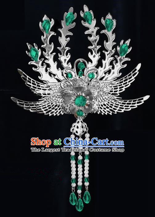Chinese Ancient Princess Tassel Hair Clip Green Crystal Phoenix Hairpins Traditional Palace Hanfu Hair Accessories for Women
