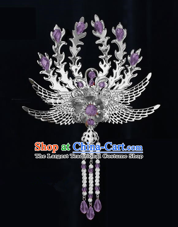 Chinese Ancient Princess Tassel Hair Clip Purple Crystal Phoenix Hairpins Traditional Palace Hanfu Hair Accessories for Women