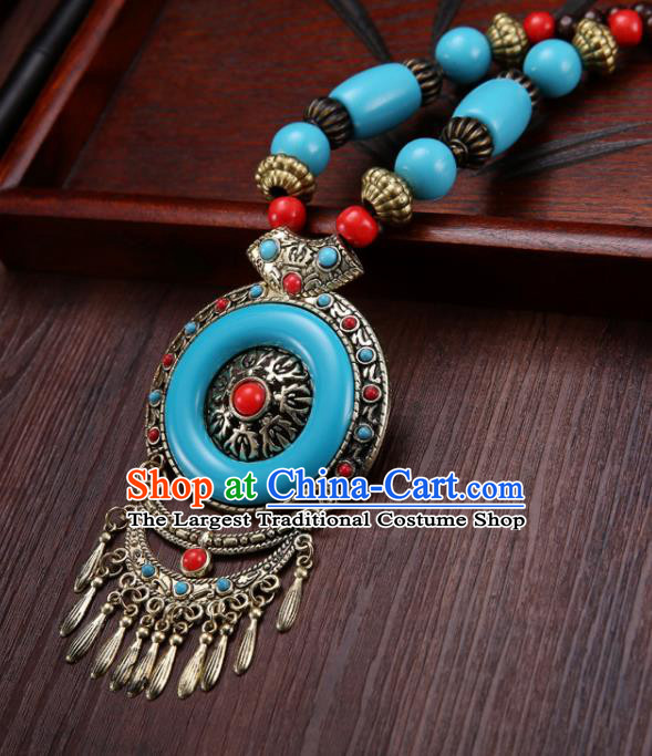 Handmade Chinese Zang Nationality Blue Necklace Traditional Ethnic Necklet Accessories for Women
