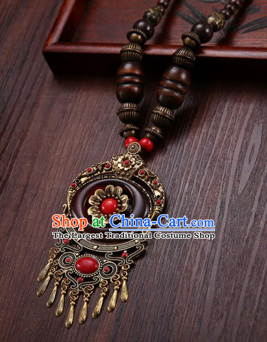 Handmade Chinese Zang Nationality Wine Red Necklace Traditional Ethnic Necklet Accessories for Women