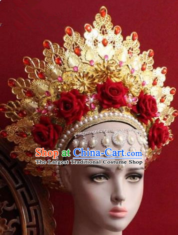 Handmade Thailand Traditional Hair Accessories Ancient Queen Red Roses Royal Crown for Women
