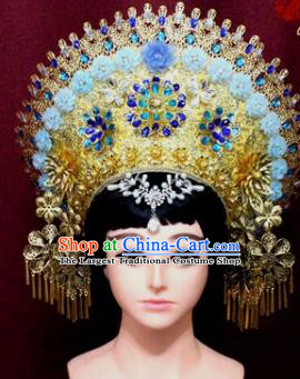 Handmade Thailand Traditional Hair Accessories Ancient Queen Blue Flowers Royal Crown for Women