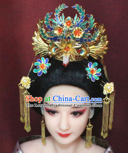 Chinese Ancient Imperial Consort Blueing Phoenix Coronet Headwear Traditional Tang Dynasty Queen Hair Accessories for Women
