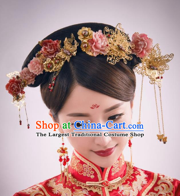 Chinese Ancient Bride Pink Peony Hairpins Traditional Palace Wedding Hair Accessories Complete Set for Women