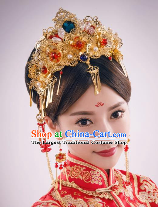Chinese Ancient Bride Golden Phoenix Coronet Hairpins Traditional Palace Wedding Hair Accessories Complete Set for Women
