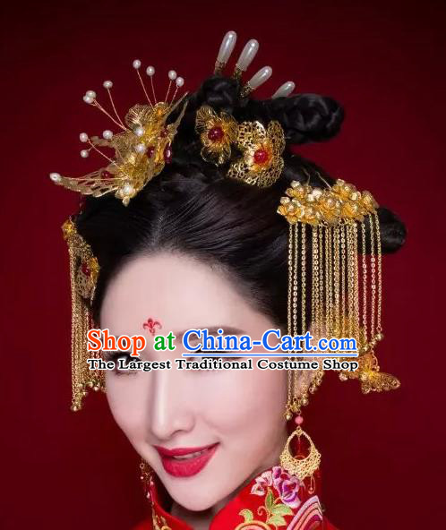 Chinese Ancient Bride Tassel Hairpins Traditional Palace Wedding Hair Accessories Complete Set for Women