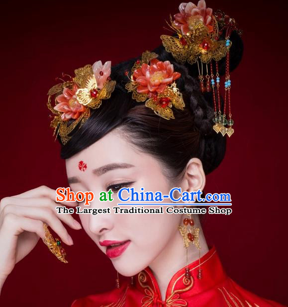 Chinese Ancient Bride Hairpins Red Lotus Phoenix Coronet Traditional Palace Wedding Hair Accessories Complete Set for Women