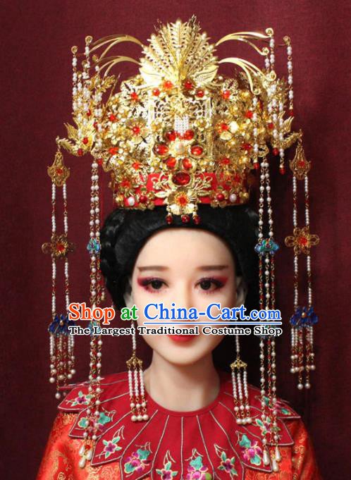 Chinese Ancient Queen Red Crystal Tassel Phoenix Coronet Hairpins Traditional Palace Wedding Hair Accessories for Women