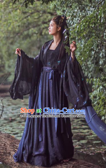 Chinese Traditional Jin Dynasty Imperial Consort Black Hanfu Dress Ancient Peri Goddess Costume for Women