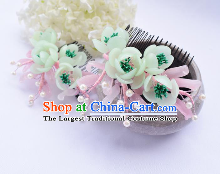 Chinese Ancient Princess Green Flowers Hair Comb Hairpins Traditional Hanfu Hair Accessories for Women