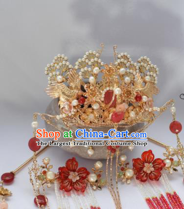 Chinese Ancient Princess Palace Red Tassel Hair Crown Hairpins Traditional Handmade Hanfu Hair Accessories for Women