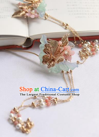 Chinese Ancient Princess Jade Butterfly Tassel Hairpins Traditional Hanfu Hair Accessories for Women