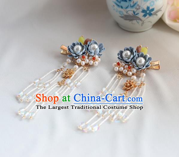 Chinese Ancient Princess Blue Flowers Hair Claws Hairpins Traditional Hanfu Hair Accessories for Women