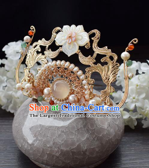 Chinese Ancient Princess Palace Shell Lotus Hair Crown Hairpins Traditional Handmade Hanfu Hair Accessories for Women