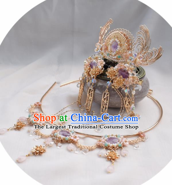 Chinese Ancient Princess Palace Golden Hair Crown Hairpins Traditional Handmade Hanfu Hair Accessories for Women