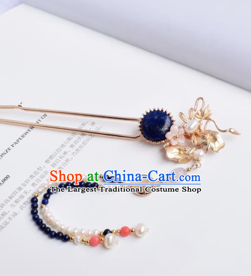 Chinese Ancient Princess Palace Pearls Tassel Blue Stone Hairpins Traditional Handmade Hanfu Hair Accessories for Women