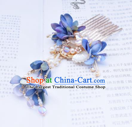 Chinese Ancient Princess Palace Blue Flowers Shell Hair Comb Hairpins Traditional Handmade Hanfu Hair Accessories for Women