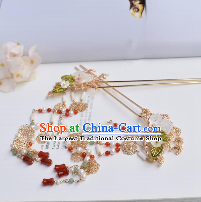 Chinese Ancient Princess Palace Shell Agate Tassel Hairpins Traditional Handmade Hanfu Hair Accessories for Women