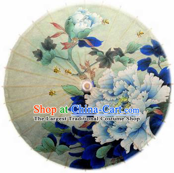 Handmade Chinese Traditional Umbrellas Ancient Printing Peony Blue Oiled Paper Umbrella