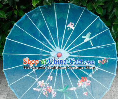 Handmade Printing Plum Blossom Lake Blue Oiled Paper Umbrellas Chinese Traditional Ancient Princess Umbrella