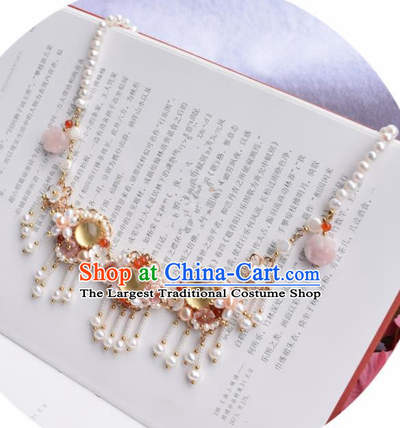 Handmade Chinese Hanfu Opal Pearls Tassel Necklace Traditional Ancient Princess Necklet Accessories for Women
